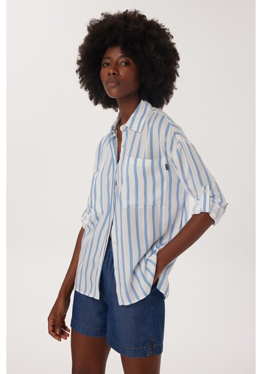 Lee Cooper Mındy Kadın Dokuma Gömlek Beyaz Mavi Çizgili 16360 Beyaz Mavi Çizgili Beyaz - Mavi