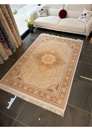 İpek Halı Salon Oturma Odası İpek İpek İran Halısı Krem-sarı