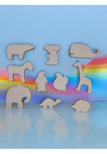 Dik Durabilen 10 Farklı Ahşap Hayvanlar Boyama Seti, 6 Lı Boya Ve