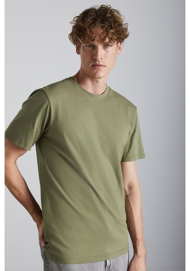 GRIMELANGE Solo Erkek %100 Organik Pamuklu Kalın Dokulu Comfort Fit Bisiklet Yakalı Haki T-shirt Haki