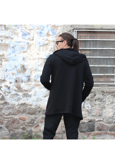 3 İplik Şardonlu Polar İçi Peluş Detaylı Kapşonlu Panço Ceket Siyah