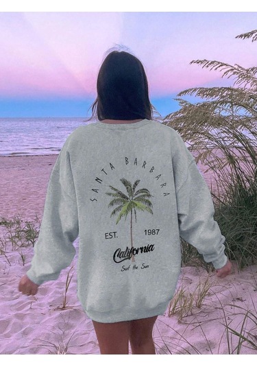 Santa Barbara Kışlık Kalın Sweatshirt - Gri Baskılı Oversize Kalın Kışlık Bisiklet Yaka Gri
