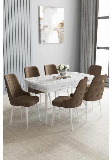 Jusie Beyaz Mermer Desen 80x132 Açılabilir Yemek Odası Takımı 6 Adet Sandalye Kahverengi