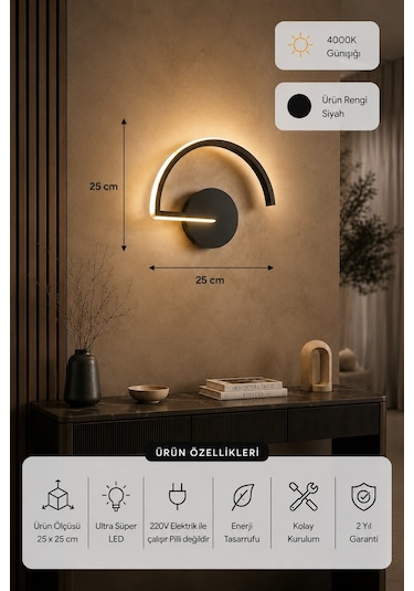Mori Modern Led Duvar Apliği Günışığı Siyah