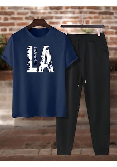 Uyguntarz Unisex 2'li Los Angles Baskılı Eşofman Takımı Lacivert