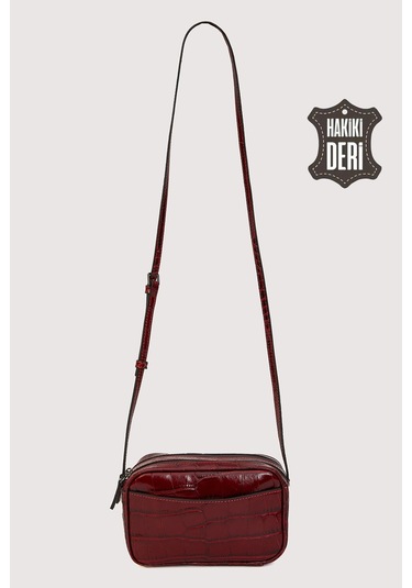 Hakiki Deri Kadın Çapraz Omuz Çantası Kırmızı Kroko Smr8975 Kırmızı Kroko
