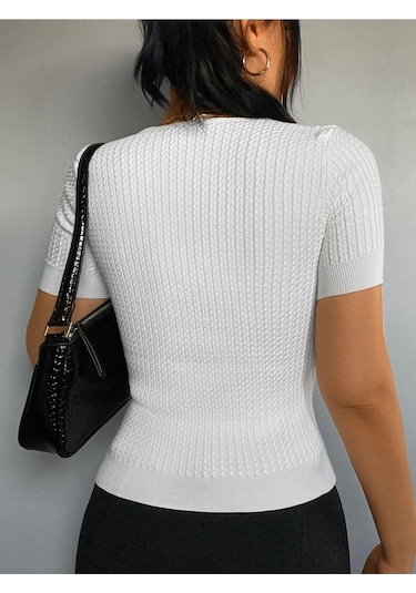 Aqe Fashion V Yaka Kısa Kol Beyaz Bluz Siyah