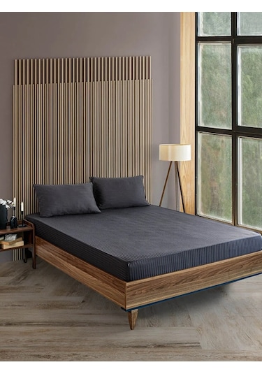 Antrasit Pamuklu Çizgili Saten Lastikli Çarşaf Takımı Tek Kişilik + 1 Yastık Kılıfı Antrasit