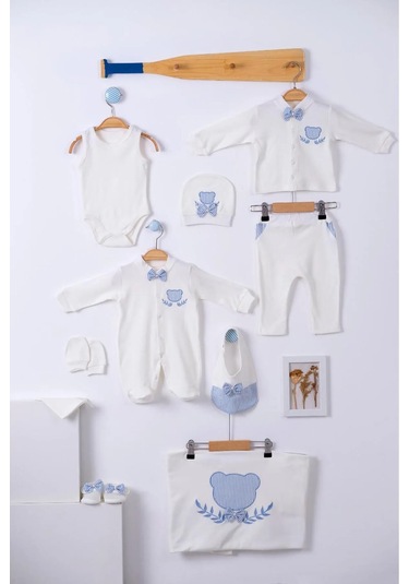 Erkek Bebek Yenidoğan Mavi Ayılı Lüks 10 Parça Hastane Çıkışı Set Beyaz - Mavi