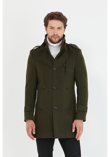 Erkek Haki Dar Kesim Dik Yaka Uzun Kaşe Kaban-Haki