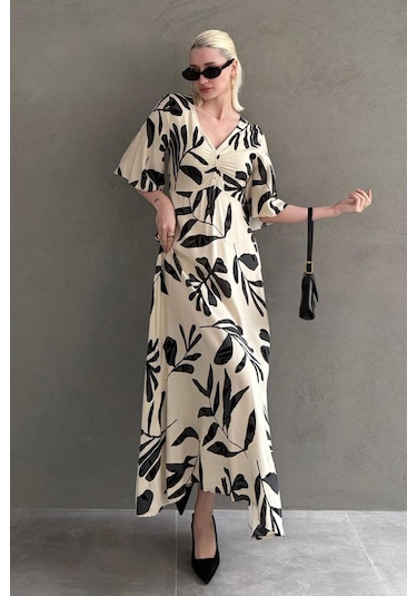 Madmext Ekru Desenli Yarım Kollu Elbise Mg2395 Ekru