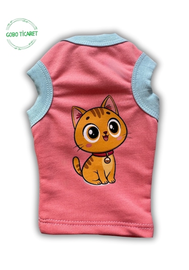 Gobo Yumuşacık Şeker Pembe Kedi Ve Köpek Kıyafeti Elbisesi Sarı Kedi Baskılı - Xs, S, M, L Beden