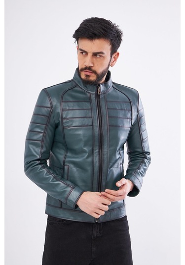 Derinss Der224 Hakiki Deri Erkek Yeşil Mont 001