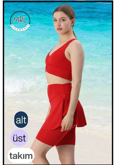 Kadın Takım Alt - Üst Biker Şort Diz Üstü &crop Bra Ped Destekli Denizde Havuzda Sporda Kırmızı Kırmızı