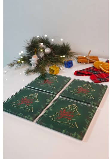 Decorita Cam Bardak Altlığı Happy New Year 4'lü Takım 10 CM x10 CM Yeşil