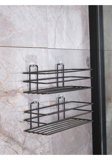 Siyah Yapışkanlı Çok Amaçlı Banyo Düzenleyici Rafı Duş Organizeri Mutfak Rafı 2 Adet Siyah