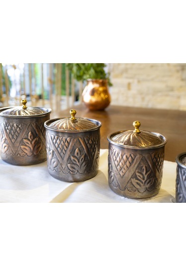 Bakır Baharat Takımı Desen Kakmalı Model Oksit Renk 4'lü Oksit Bakır