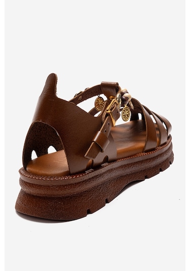 Luvishoes Solıs Taba Hakiki Deri Boncuklu Kadın Sandalet