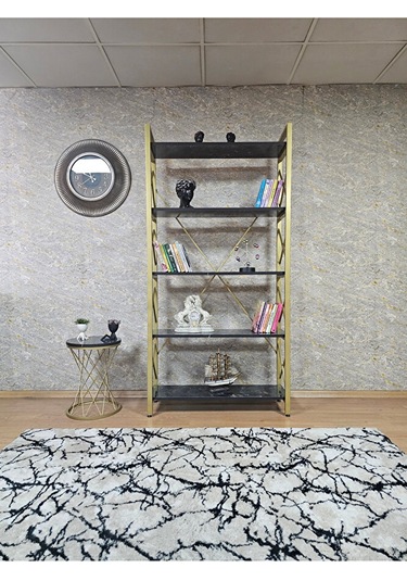 Gold Boyalı Kitaplık - 5 Raflı Suntalem Lüks Kitaplık Siyah Merme Çok Renkli