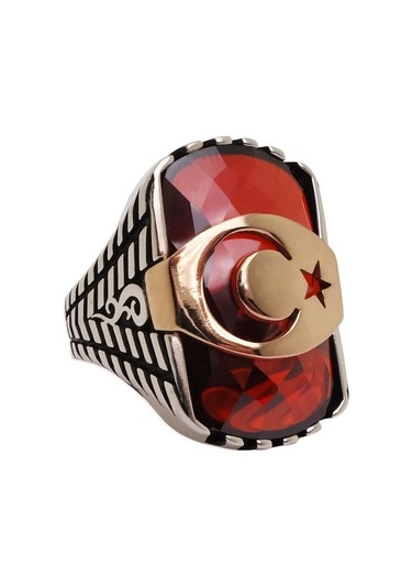 Kırmızı Zirkon Taşlı Ay Yıldızlı 925 Ayar Gümüş Erkek Yüzük