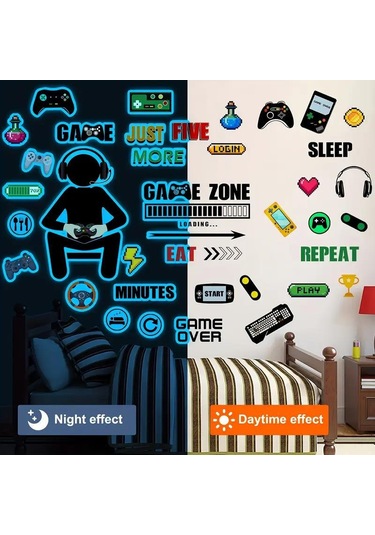 Youmex Oyun Odası Dekorasyonu Işıklı Duvar Stickerı - Oyun Kontrolcüsü, Konsol Ve Motivasyonel Sözler Desenli, 30x20 Cm, Kız Erkek Odası Duvar Dekoru Beyaz