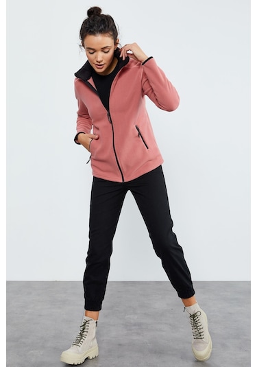 Tommy Life Yaban Gülü Dik Yaka Fermuarlı Rahat Form Kadın Polar Sweatshirt - 97173 Pembe
