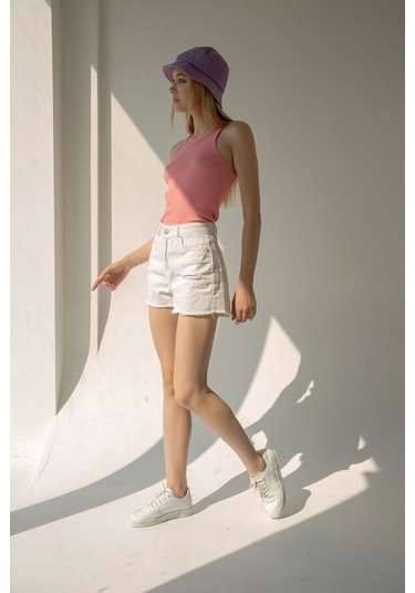 Kadın Yavruağzı Fitilli T-shirt Halter Yaka Örme Atlet Yavruağzı