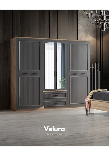 Cloud 6 Kapaklı Aynalı Gardırop Dolap Ceviz - Gri