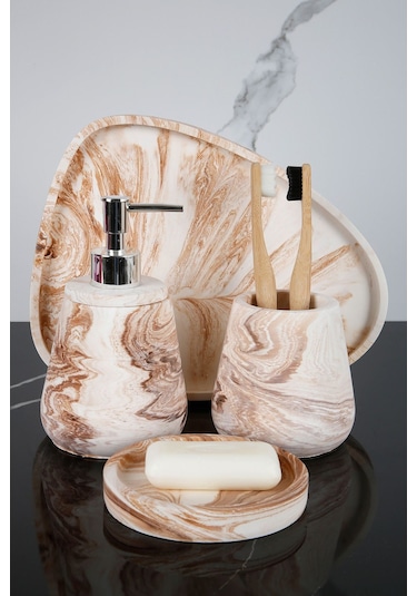 Betonmall 4 Parça Mermer Desenli Beton Banyo Seti Katı Sıvı Sabunluk Diş Fırçalığı Sunum Tepsisi - Bej Bej