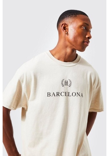 Unisex Bej Barcelona Baskılı Oversize Tshirt 001