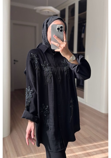 Kahijab Stella Boncuk İşlemeli Gömlek - Siyah