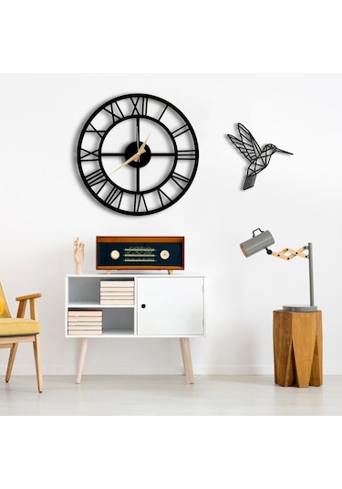50X50 Dekoratif Duvar Saati + Tablo 40X40 Cm Hediye Siyah