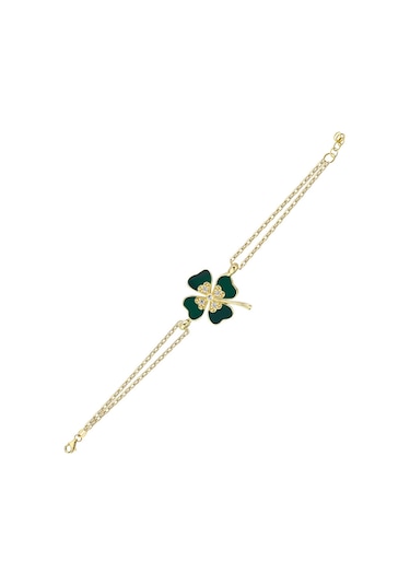 Yeşil Mineli Taşlı Altın Yonca Bileklik Sarı Altın