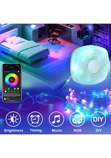 Sones 5m Rgb Kamp Işık Dizisi Led Ortam Gece Işığı Akıllı App Kontrolü Taşınabilir Açık Çadır Dekoratif Lambası Beyaz Çok Renkli