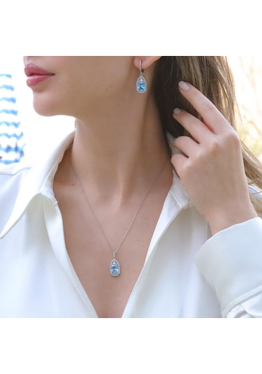 Aquamarin Taşlı Gümüş Set Gümüş