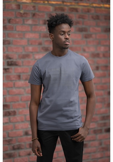 Slim Fit Pamuklu Önü Baskılı Sıfır Yaka T-shirt Gri