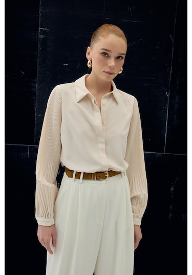 Sateen Plise Kollu Gömlek - Bej-137086 bej