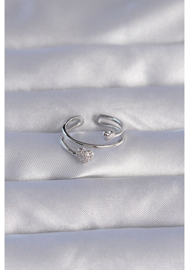 Ezoconcept Pirinç Gümüş Renk Zirkon Taşlı Kalpli Model Ayarlanabilir Yüzük Çok Renkli