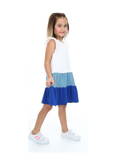 Toontoy Kız Çocuk Fırfırlı Garni Detaylı Elbise Mavi