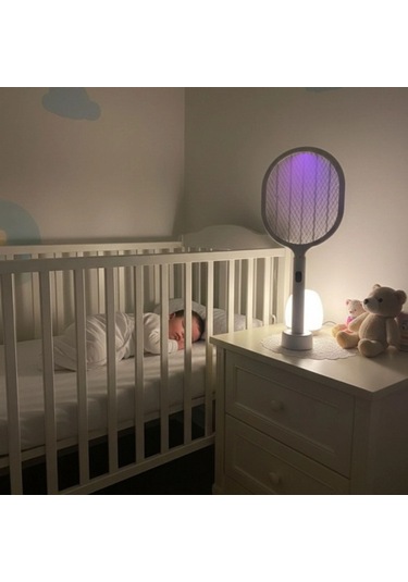 Usb Şarjlı Beyaz Renk Kendiliğinden Standlı Şarj Göstergeli Uv Işıklı Sinek Öldürme Raketi Ltd-718