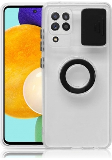 More Tr Sm Galaxy A12 M12 F12 Kılıf Sürgülü Kamera Lens Korumalı Yüzük Standlı Silikon Kılıf Siyah