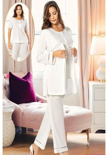 Xses 4850 Kadın Hamile Lohusa Sabahlıklı Pijama Takım-ekru