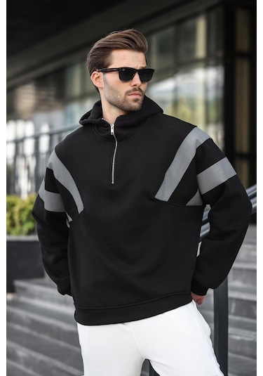 Madmext Siyah Fermuarlı Yaka Kapüşonlu Erkek Sweatshirt E7161 Siyah