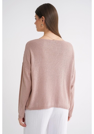 6933 Kadın Kayık Yaka İnce Mevsimlik Triko Kazak Pudra Pudra