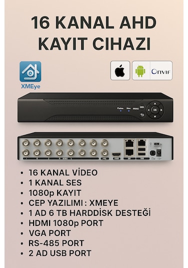 16 Kanal 5mp Ahd Dvr Xmeye Kayıt Cihazı