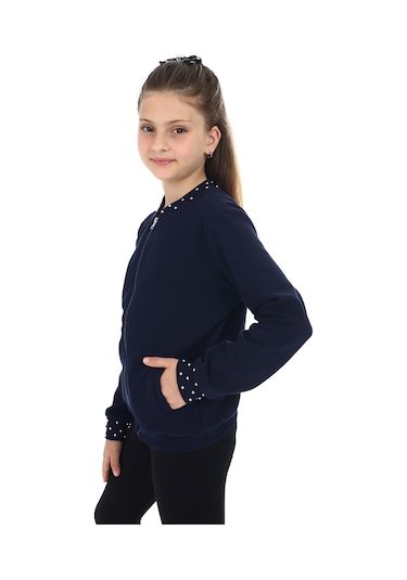 Toontoy Kız Çocuk Kolej Yaka Fermuarlı Cepli Boncuk İşlemeli Örme Hırka - 2 İplik Lacivert