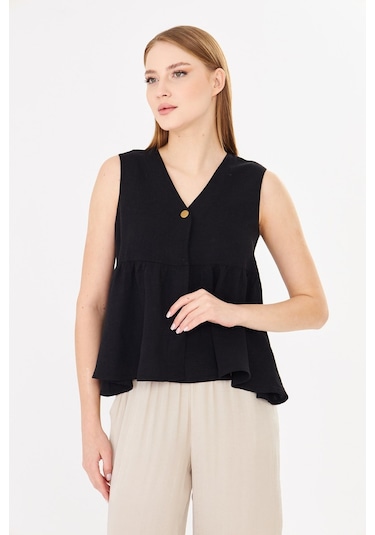 Sortie Collection V Yaka Tek Düğmeli Peplum Siyah Keten Bluz