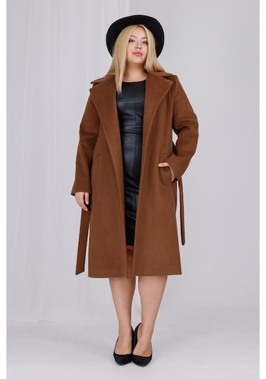 Kadın Kahve Yün Kaşe Kemer Ve Astar Detay Büyük Beden Kaban Kahverengi