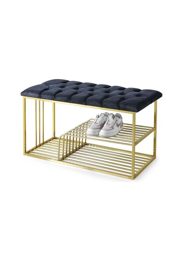 Kapitoneli Kapı Önü Metal Puf Bench Ayakkabılık Mavi