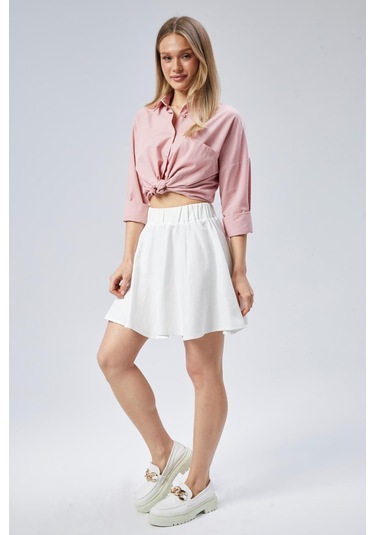 Nurören Flamlı Keten Parçalı Kısa Kloş Kadın Etek-beyaz-02 Beyaz